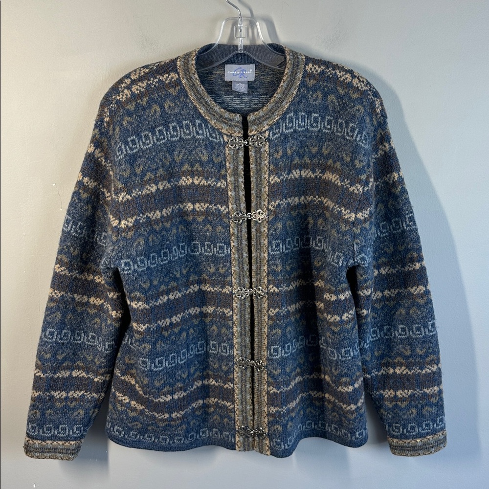 Carroll Reed 100% Wool Fair Isle Sweater Cardigan With Metal Clasps Size S